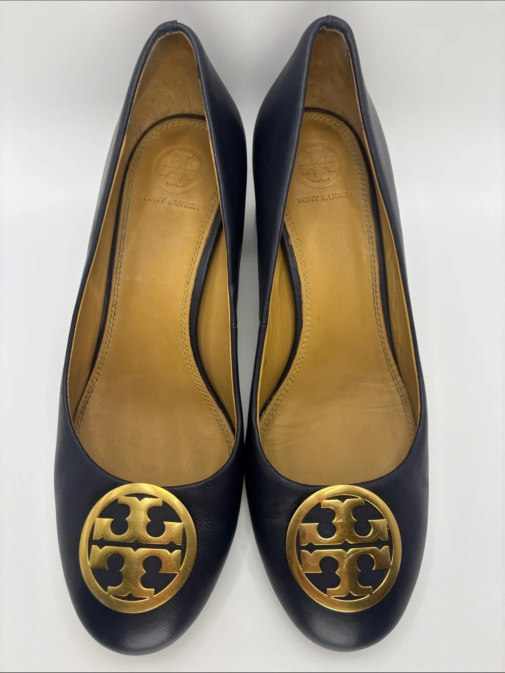 Tory Burch Navy Leather Logo Block Heels
